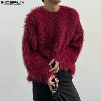 2023 Vīriešu Džemperi tīrtoņa Krāsu Plīša O-veida kakla garām Piedurknēm Streetwear Ikdienas Vīriešu Apģērbs Rudens Stilīgi Džemperi S-5XL INCERUN