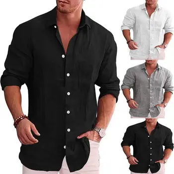2023 Vīriešu zaudēt vienkrāsainu kreklu veļa atloks long piedurknēm vīriešu ikdienas krekls, lieli S-5XL