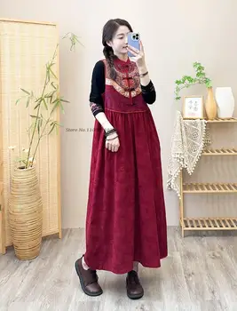 2024 ķīnas vintage kokvilnas, lina žakarda raibs kleita valsts ziedu izšuvumi bez piedurknēm kleita austrumu-line kleita