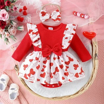 Baby Girl Valentīna s Diena Tērpiem Savirmot garām Piedurknēm Sirds Drukāt Romper ar Galvu Komplekts Zīdaiņu Drēbes