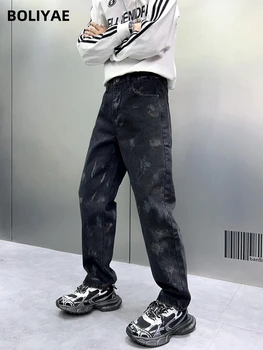Boliyae pavasara rudens Plaša Kāju Džinsa Bikses Vīriešu padarot Vaļīgu Taisni Džinsi High Street Y2K Modes Streetwear Baggy Bikses