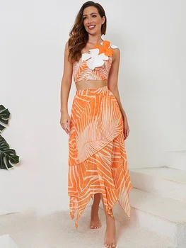 Elegants Viena Pleca, Dalīts Peldkostīmu Divu gabals, kas 3D Ziedu Moderns, Oranžs Iespiesti Bikini Peldkostīmi ar Šifona Pludmales Svārki