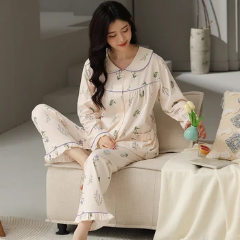 Elegants Ziedu Drukāt Sieviete Mājas apstākļos, Brīvā laika Apģērbs Pavasara Rudens Long Piedurknēm Sieviešu Pidžamas Miega Pijamas Mujer M-4XL