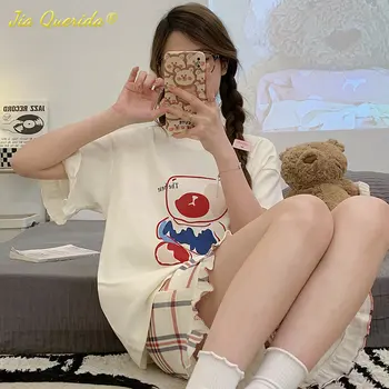 Jaunas Vasaras Gudrs Sieviešu Pijamas Karikatūra Pidžamu korejas Homewear Pidžamas Komplekts Īsām Piedurknēm Pleds Šorti Sieviete Sleepwear Meitenēm