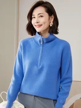 Jauno Sieviešu Rudens Džemperis Rāvējslēdzēju, Savukārt, Apkakles Džemperis 100% Merino Vilnas Gadījuma Kašmira Adīta Sieviešu Apģērbu korejiešu Stilā