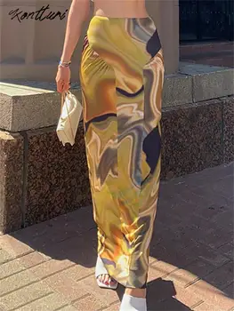 Kontturi Rudenī Grafiskais Svārki Sieviete 2023 3D Drukas Augsta Vidukļa Kroku Svārki Gadījuma Tērpiem, Dzeltena Bodycon Ilgi Svārki, Sieviešu