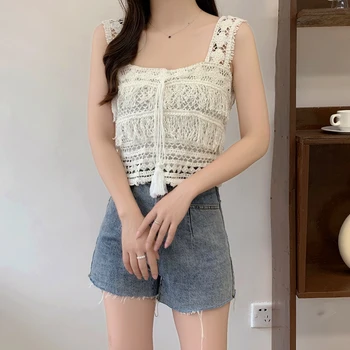 Korejiešu Stilā Dobi No topiņi Sieviešu Piedurknēm Pušķis Sieviete Adīšanas Tees Īss Dizaina Dāma Adīšanas Top Backless Krekls
