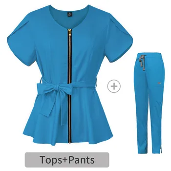 Medmāsas Vienotu darba Apģērbi Krūmāji Topi+bikses Uzvalks tīrtoņa Krāsu Māsa Vienotu Īsām Piedurknēm Kabatas Blūze Aptiekas Zobārstniecība Apģērbi