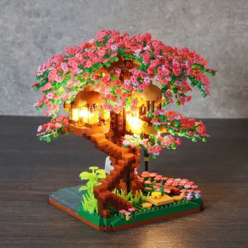 Mini Sakura Tree House Veidot Bloku Pilsētas Street View Cherry Blossom Modeli, Celtniecības Bloki DIY (do it yourself, Rotaļlietas, Bērnu Rotaļlietas par Dāvanu
