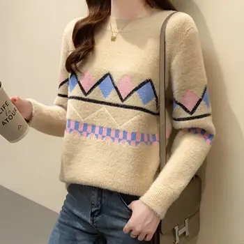 Modes Apmainīt Ģeometrisko Modeli, Džemperi Rudens Ziemas korejas Gadījuma Kontrasta Krāsu garām Piedurknēm Adīts Tops Sieviešu Apģērbs