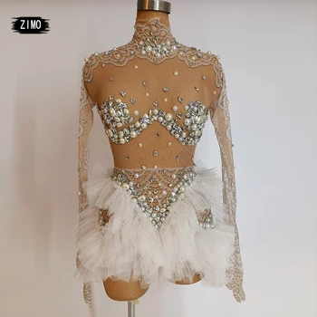 modes balta kleita seksīgā crystal bodysuit deju pērles mežģīnes birthday party club drag queen darbības DS posmā leotard kostīms