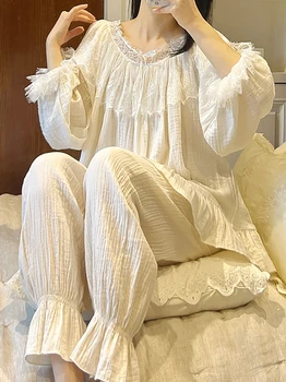 Sieviešu Pavasara Vasaras Ruffles Vintage Pidžamas Komplekti, Atpūtas divslāņu Kokvilnas Lolita Salds Princese Uzvalks korejas Pasaku Sleepwear