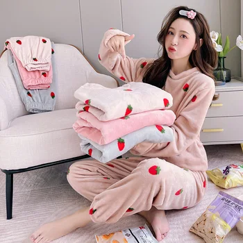 Sieviešu Pidžamas Komplekti, Rudenī, Ziemā Silts Flaneļa Gudrs Zemeņu Koraļļu Garām Piedurknēm Meitenēm Sleepwear Gadījuma Vilnas Pidžamu Homewear