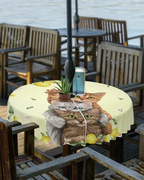 Vasarā Augļu Citronu Kaķis Āra Galdauts ar Jumta Caurumu Ūdensizturīgs Rāvējslēdzējs galdautu Piknika BBQs Terases Apaļā Galda Segumu