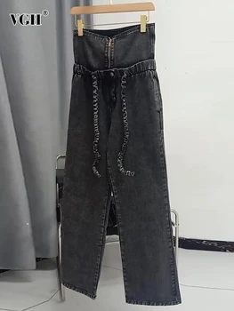VGH Raibs Aukliņu Gadījuma Džinsa Bikses Sievietēm Augsta Vidukļa Savienoti Kabatas Cietā Streetwear Tunika Plaša Kāju Džinsi Sieviešu
