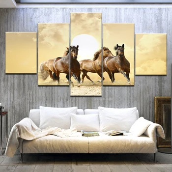 Zirgs darbojas tuksnesī dzīvnieku 5 HD Panelis Drukas mūsdienu mākslas sienas plakāti, Kanvas mājas dzīvojamā telpu dekorēšana