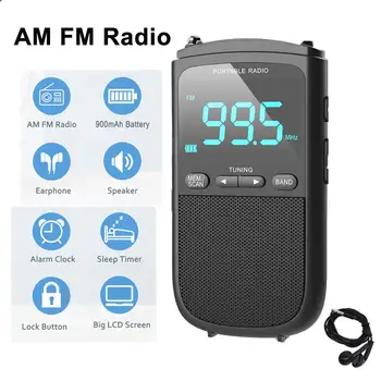Āra kustības AM FM Personas stereo radio uzlādējams Mini FM austiņu ligzda modinātājs kabatas radio Laika broadcast