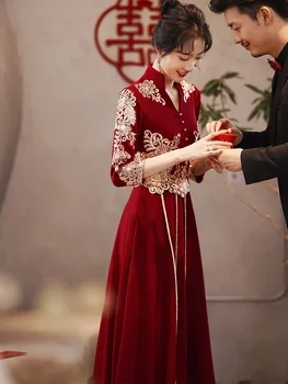 Ķīniešu Stila Kāzu Toasting Cheongsam Kleita Vēja Red Tradicionālo Qipao Kleita Vintage Kāzu Elegantas Vakara Puse Kleitas